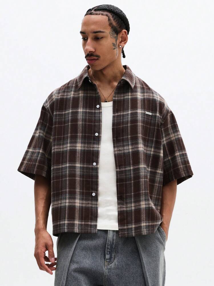 SUMWON Casual Red Black Plaid Button Down Short Sleeve Shirt