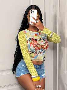 SHEIN BamGlam Áo thun dài tay cổ tròn chất liệu lưới xuyên thấu YK2 "Hot Girl" với họa tiết bướm, số và da báo xếp ly bên hông, thích hợp cho kỳ nghỉ biển và các lễ hội âm nhạc. - Vàng nhạt - Xem 6