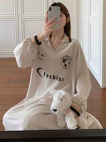 DAZY Printed Letter V-Neck Raglan Long Sleeve Loose Women's Nightgown, Women's Loungewear Dress - Apricot - View 7