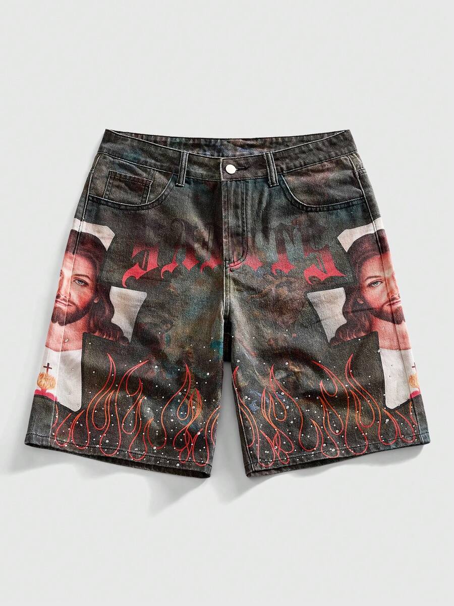 ROMWE MEN Street Life Pantalones cortos vaqueros casuales y versátiles con bolsillo sesgado y estampado de retrato para hombres - Negro - Ver 1