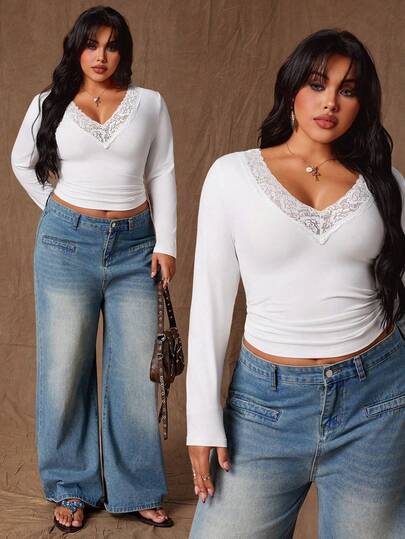 Rustia Fashionable Sexy Versatile V-Neck Lace Elastic Long Sleeve T-Shirt