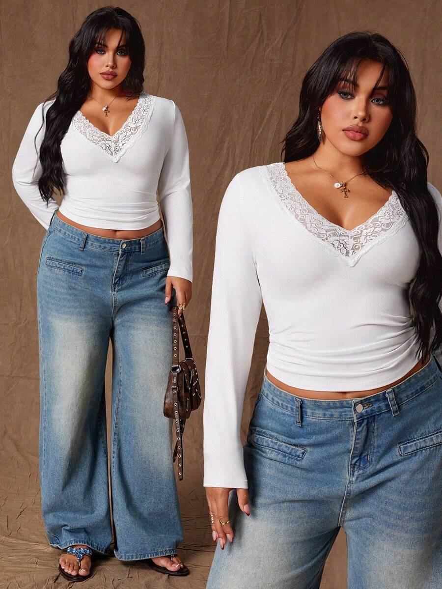 Rustia Trendig, sexig och mångsidig t-shirt med v-ringning och spets, elastisk långärmad - Vitt - Visa 1