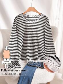 CosyJoli Plus Size Black And White Striped Long Sleeve Knitted T-Shirt With Rib-Knit Details And Round Neck - Black and White - View 1