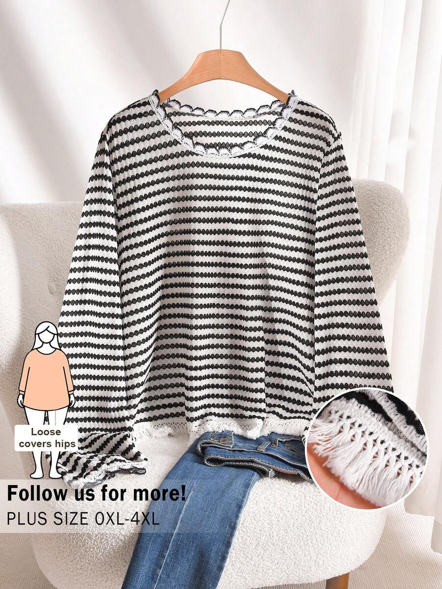 CosyJoli Plus Size Black And White Striped Long Sleeve Knitted T-Shirt With Rib-Knit Details And Round Neck - Black and White - View 1