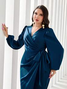 SHEIN CURVE+ Plus Size V-Neck Long Sleeve Allover Print Waist Tie Slim Fit Elegant Charming Long Evening Dress - Blue - View 4