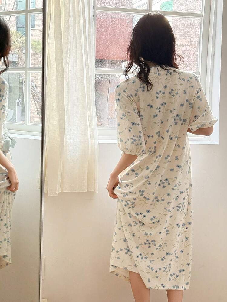 Floral Print Loose Robe With Frill Trim For Women