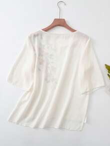 Lacomfia White Front Placement Print Round Neck Casual Versatile Shirt - White - View 3