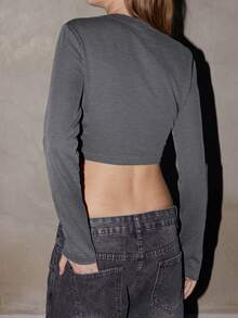 Maija Women's Gray Versatile Modern Urban Casual Fashion Design Shiny Rhinestone Accent Dropped Shoulder Long Sleeve Cropped Top, All Season Hippie - Grey - View 5