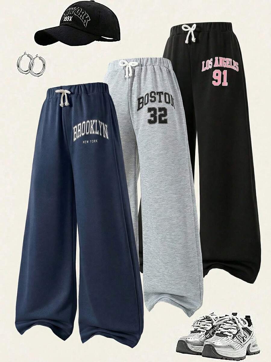 3pcs/Set Girls Casual Loose Fit Letter Print Comfy Wide Leg Pants, Suitable For Spring/Autumn, Christmas - Multicolor - View 1