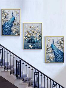 3D立体插图，包含3幅蓝色孔雀和花瓶图案，展现植物和花卉的三维效果，艺术帆布画，适用于客厅和卧室，可重复使用，可拆卸墙面装饰，无框画。 - 彩色 - 查看 3