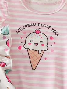 SHEIN GraphicGems Bộ 2 món đồ ngủ ngắn tay in hình kem hoạt hình nhiều màu sắc cho bé gái, bộ đồ ngủ mùa hè chủ đề kem cho bé gái, quần áo bé gái chủ đề kem, váy ngủ mùa hè chủ đề kem - Màu Hồng baby - Xem 4