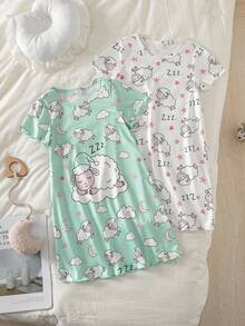 2pcs Young Girl Pajamas Set, Featuring Sheep & Moon Prints, Lightweight & Soft, Simple & Comfortable Design, Stretchy & Machine Washable (Sold Separately) - Multicolor - View 1