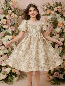 Girls' Elegant White Summer Wedding Short Sleeve Dress With Cute Ditsy Floral,Beaded And Bow Decor,Gold Flower Pattern,For Party And Casual Wear - Champagne - View 1