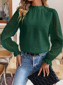 SHEIN Frenchy Áo sơ mi nữ kiểu dáng tối giản, họa tiết chấm bi Thụy Sĩ phối ren, thích hợp mặc mùa thu. - màu xanh lá - Xem 6