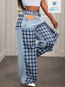 Slaydiva Women's Plaid Print Elastic Waist Tie Front Casual Versatile Jeans - Blue - View 4