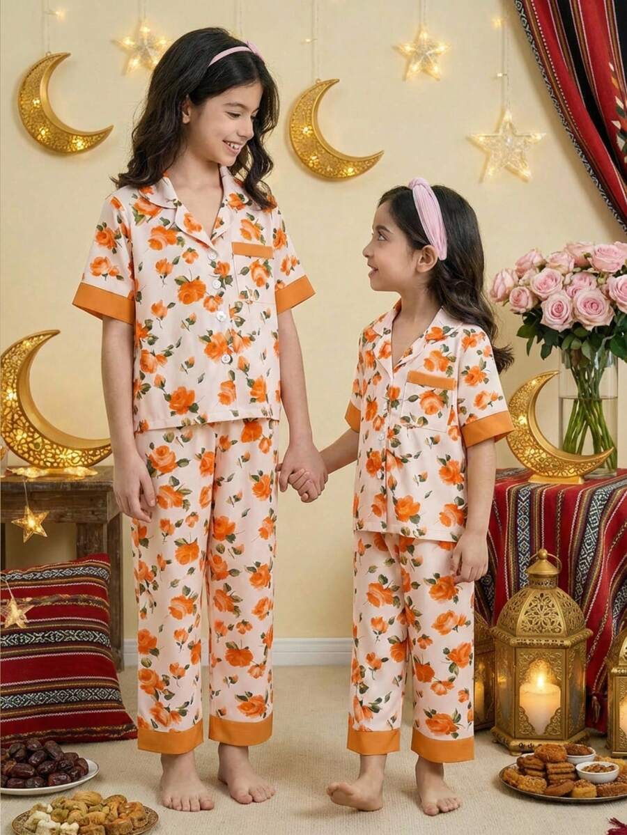 SHEIN 2pcs/Set Dozemod Young Girl Girls Vintage Floral Pattern Lapel Front Pocket Short Sleeve Loose Comfortable Woven Pajama Set, Sibling Matching Outfits (2 Sets Sold Separately) - Orange - View 1