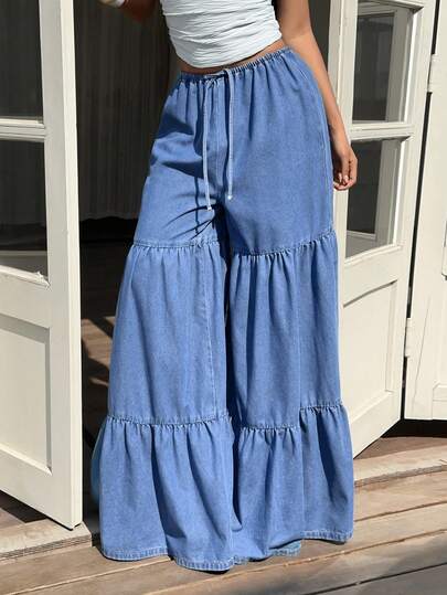 Sunnyshic Women's Solid Color Ruffle Hem Tie-Front Wide Leg Casual Jeans