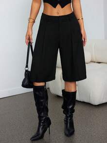 SHEIN PETITE 女士休闲灰色百慕大短裤，适合通勤，春季阔腿短裤，女士长款短裤，阔腿短裤，女士保守短裤，宽松短裤 - 黑色 - 查看 3