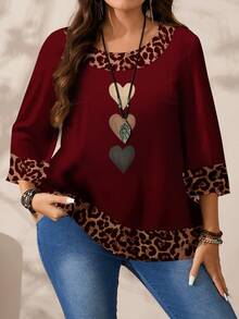 Mellowie Plus Size Women Casual All-Over Print Round Neck Loose 3/4 Sleeve Shirt, Autumn/Winter