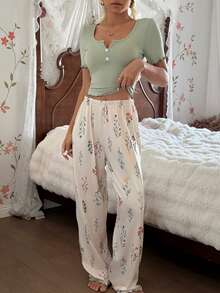 CottageSlumber Bộ đồ ngủ nữ ôm sát, họa tiết hoa nhí, trang trí cúc. - Nhiều màu - Xem 1