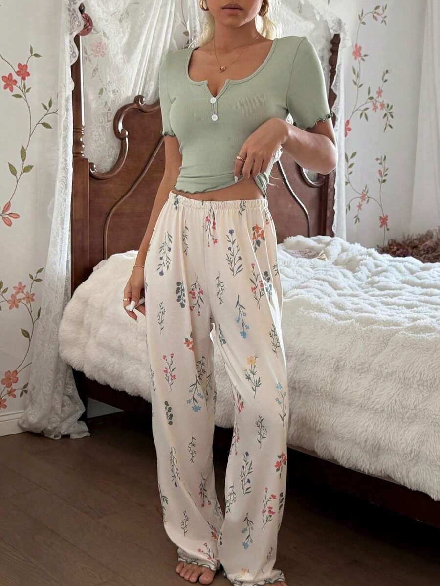 CottageSlumber Bộ đồ ngủ nữ ôm sát, họa tiết hoa nhí, trang trí cúc. - Nhiều màu - Xem 1