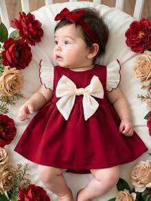 SHEIN Baby Girl Cute Summer Versatile Bow-Tie Fleece Sleeve Bodysuit - Multicolor - View 1