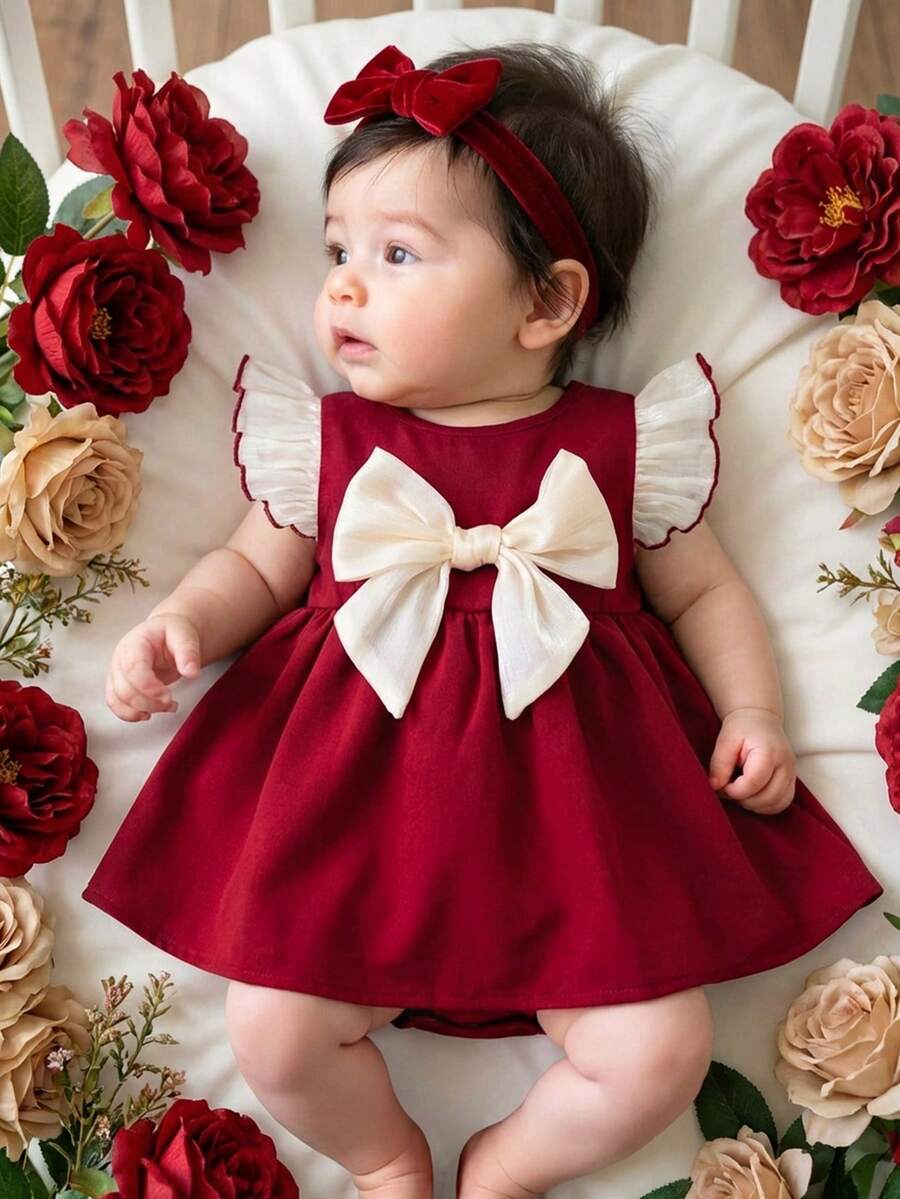 SHEIN Baby Girl Cute Summer Versatile Bow-Tie Fleece Sleeve Bodysuit - Multicolor - View 1