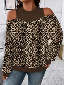 Vionelle 大码女式法式休闲优雅豹纹长袖卫衣，秋冬款 - 咖啡棕 - 查看 3