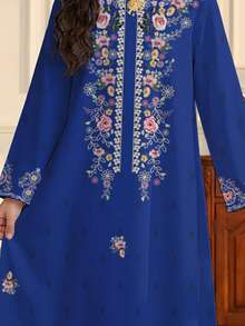 SHEIN 皇家藍優雅 Al-Adha 花卉刺繡 Abaya 長裙，適合青少年女孩，秋季度假婚禮端莊長袖阿拉伯 Kaftan Jalabiya - 彩色 - 查看 6