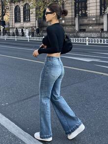 DAZY 女士西部牛仔喇叭牛仔裤，开衩破洞休闲优雅牛仔裤，春秋Y2K风格 - 藍色 - 查看 4