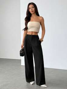 SHEIN PETITE 女士休闲优雅纯色口袋宽松裤，黑色裤子 - 黑色 - 查看 7