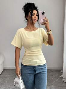 SHEIN Elenzya 女士优雅束腰系带露背设计T恤，夏季新品 - 淡黃色 - 查看 4