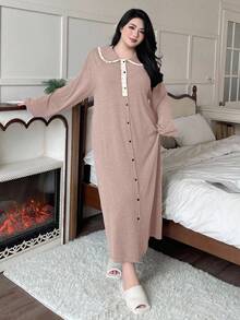 Dazy Plus Plus Size Women Peter Pan Collar Contrast Lace Half Open Front Loose Long Casual Nightgown, Spring/Autumn - Pink - View 4