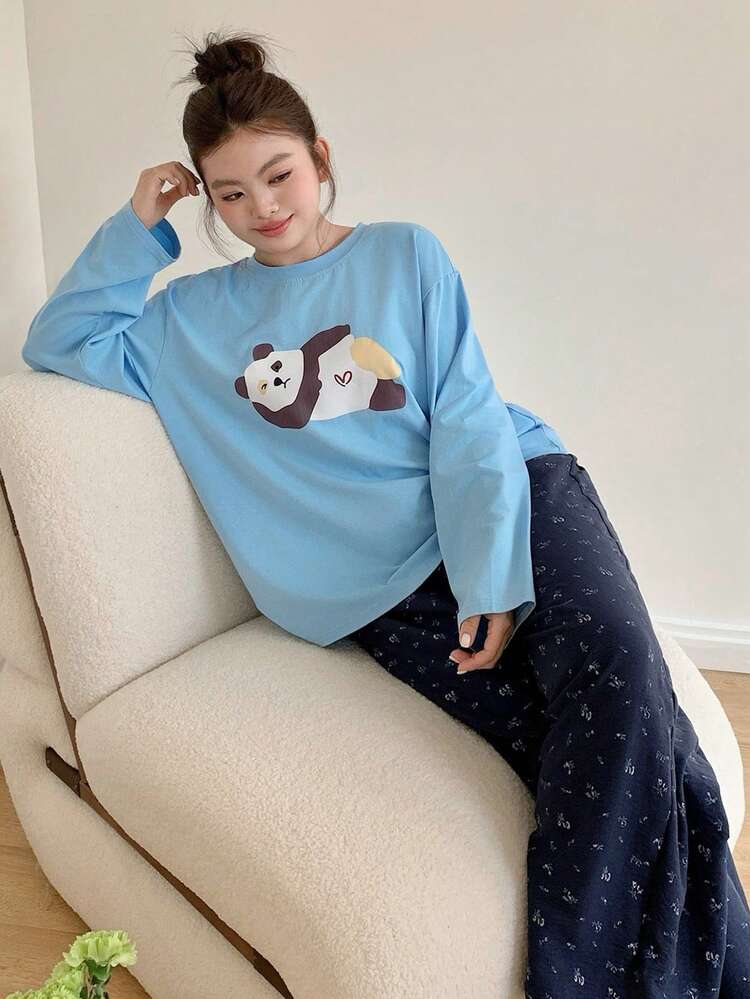 Dazy Plus Plus Size Women Cute Casual Blue Bear Print Loose Top & Floral Straight Leg Pajama Pants Set - Blue - View 7