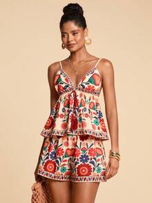 Travachic 女士印花系带流苏吊带背心和短裤两件套，春夏度假装，沙滩装，夏季装，休闲装，女士休闲套装 - 彩色 - 查看 5