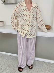 Dazy Plus 2pcs/Set Plus Size Women Cute Cartoon Print Loose Top And Striped Long Pants Pajama Set, Spring/Autumn - Apricot - View 5