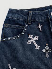 ROMWE Grunge Punk Women's Summer Fashion Street Punk Style Cross Rivet Decor Denim Mini Skirt - Dark Wash - View 4