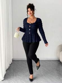 Elenzga Plus Size Women's New Spring/Summer/Autumn Casual Commute Travel Shirt, Textured Fabric Asymmetric Hem Bell Sleeve Side Metal Decor Design, Autumn - Navy Blue - View 3