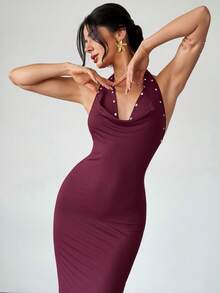 Firerie Women's Summer Seductive Rose Gold Beaded Halter Neck Maxi Dress, V-Neck Draped Backless Bodycon Party Dress For Graduation Music Festival - Red Violet - View 5