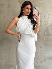 Firerie 女士优雅浪漫约会派对婚礼宾客连衣裙，不对称褶皱肩部长袖修身连衣裙，适合情人节、约会、派对、下午茶、度假、拍照等场合，新款女士连衣裙 - 白色 - 查看 6