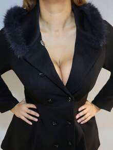 MelDlgn 秋冬大码休闲纯色双排扣连帽夹克 - 黑色 - 查看 3