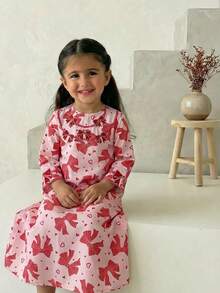 SHEIN Rochie drăguță și versatilă, casual, cu model floral, cu guler petal, strasuri în față, violet deschis, lejeră, confortabilă, casual și versatilă, de zi cu zi, potrivită pentru petreceri de ziua de naștere, petreceri de seară, spectacole, nunți - Roz - Vizualizare 1