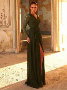 Aureia 优雅奢华军绿色亮片刺绣褶皱雪纺V领宽肩透视长袖A字开衩女士正式晚礼服 - 軍綠色 - 查看 6