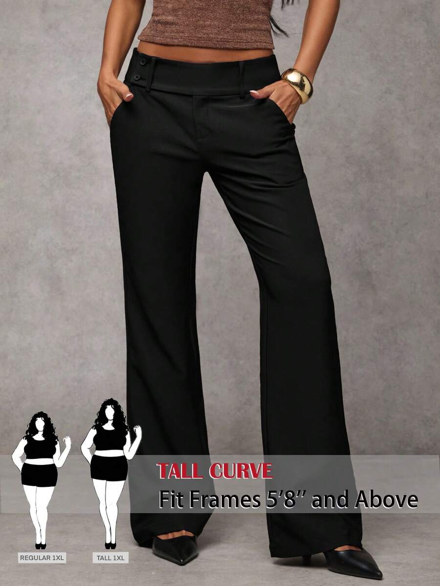 SHEIN Tall CURVE CURVE 新款加大码女式高个女孩黑色休闲直筒裤，带拉链和口袋，腰带纽扣设计，高腰设计让您看起来更苗条，腿部更修长，适合高个女性。高腰设计让您看起来更苗条，腿部更修长，适合高个女性。复古风格，适合所有季节和场合，适合高个女孩和女性，夏季阔腿裤，夏季阔腿裤，夏季休闲装，夏季度假装，女士长裤，春季装，阔腿裤，办公裤，优雅裤，休闲裤，夏季高腰显瘦阔腿裤，优雅女士礼服裤，优雅派对裤，女士优雅裤，优雅长裤，度假女士服装、女士假日服装、夏季假日服装、夏季度假服装、女士休闲裤、女士性感裤、狂欢节服装、2026年狂欢节女士造型、2026年狂欢节女士服装、狂欢节女士服装 - 黑色 - 查看 1