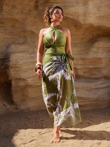 Swim Oasis 大码女式亮面纹理面料交叉前系带露背椰树印花网纱裙连体泳衣，休闲度假日常泳池优雅款 - 綠色 - 查看 3