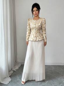 Rafferiza 2pcs Women's Elegant Shiny Metallic Lace Patchwork Pleated Set - Apricot - View 4