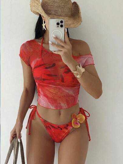 Bonvoyette 女士三件套沙滩装：挂脖比基尼上衣、网纱罩衫和系带泳裤 - 橙色百合花印花，时尚休闲度假性感款