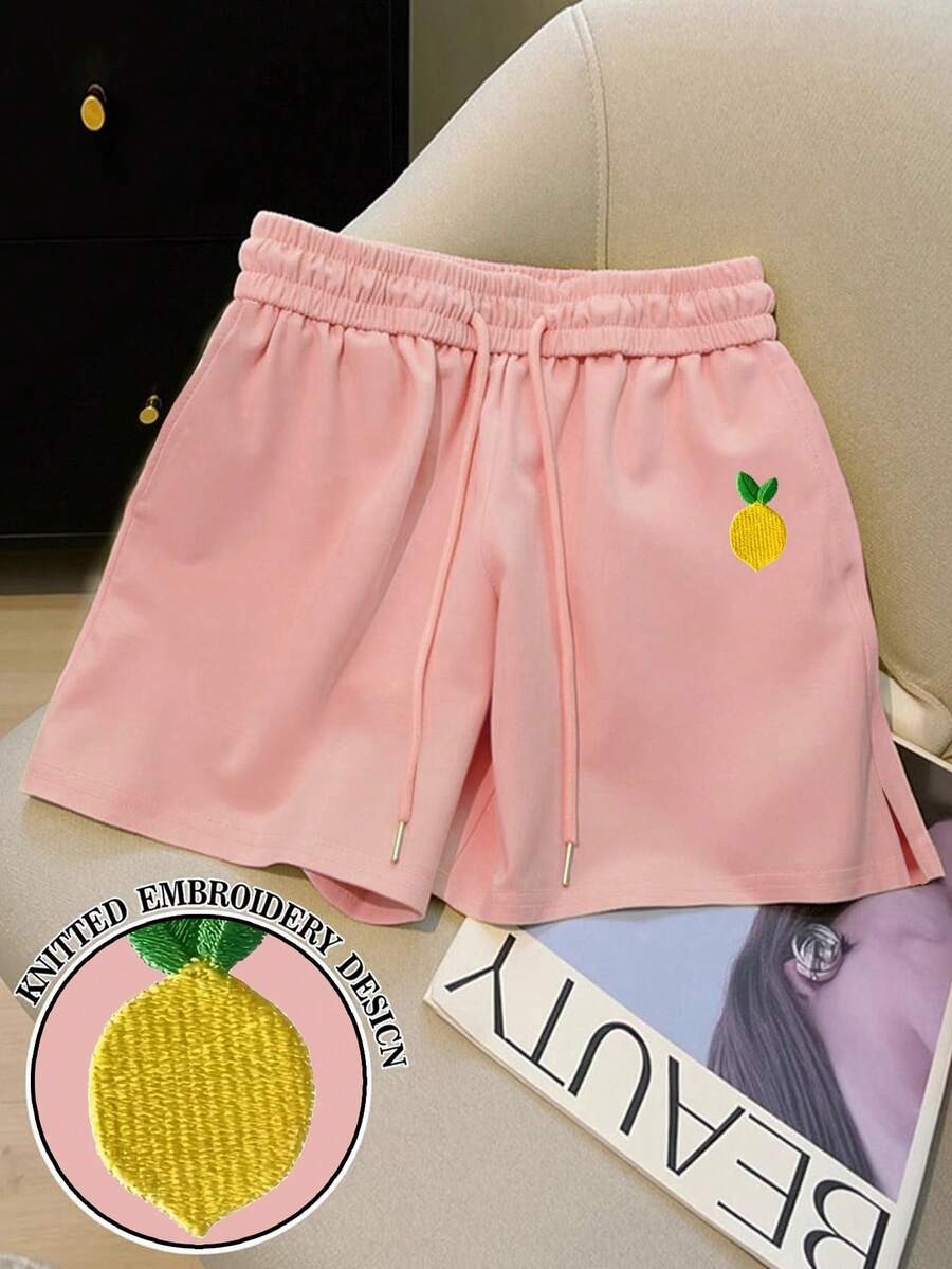 Resyla Quần short thường ngày có túi rút thắt lưng thêu hoa quả thông thường dành cho nữ - Bụi hồng - Xem 1