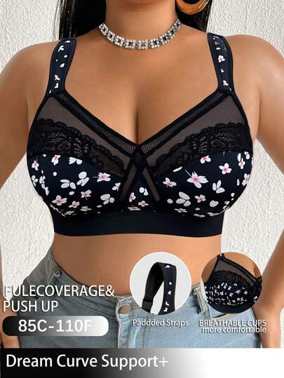 DesireSculpt 大码花卉蕾丝无钢圈舒适透气文胸