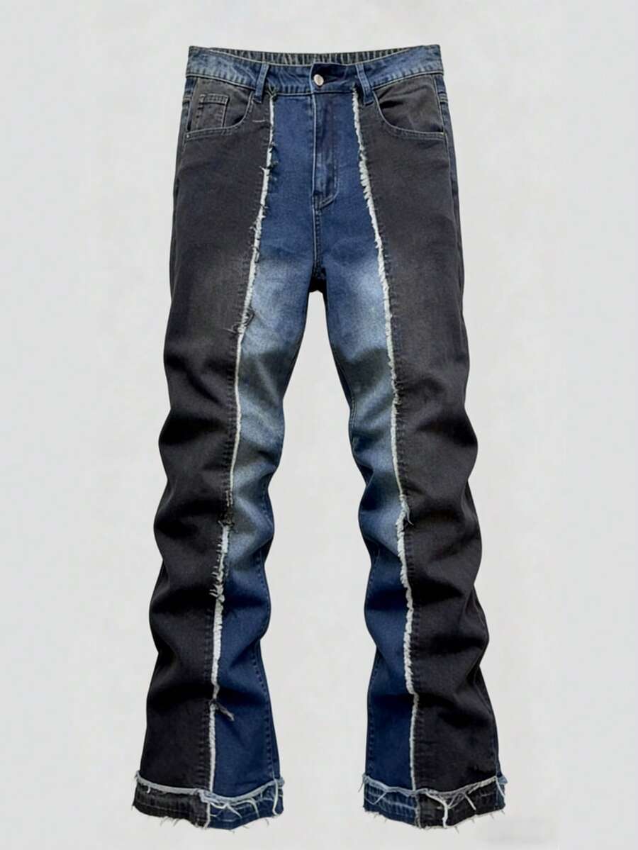 Manfinity EMRG Men's Stylish Street Elastic Yin Yang Patchwork Flared Jeans Two Tone Jeans - Blue - View 1